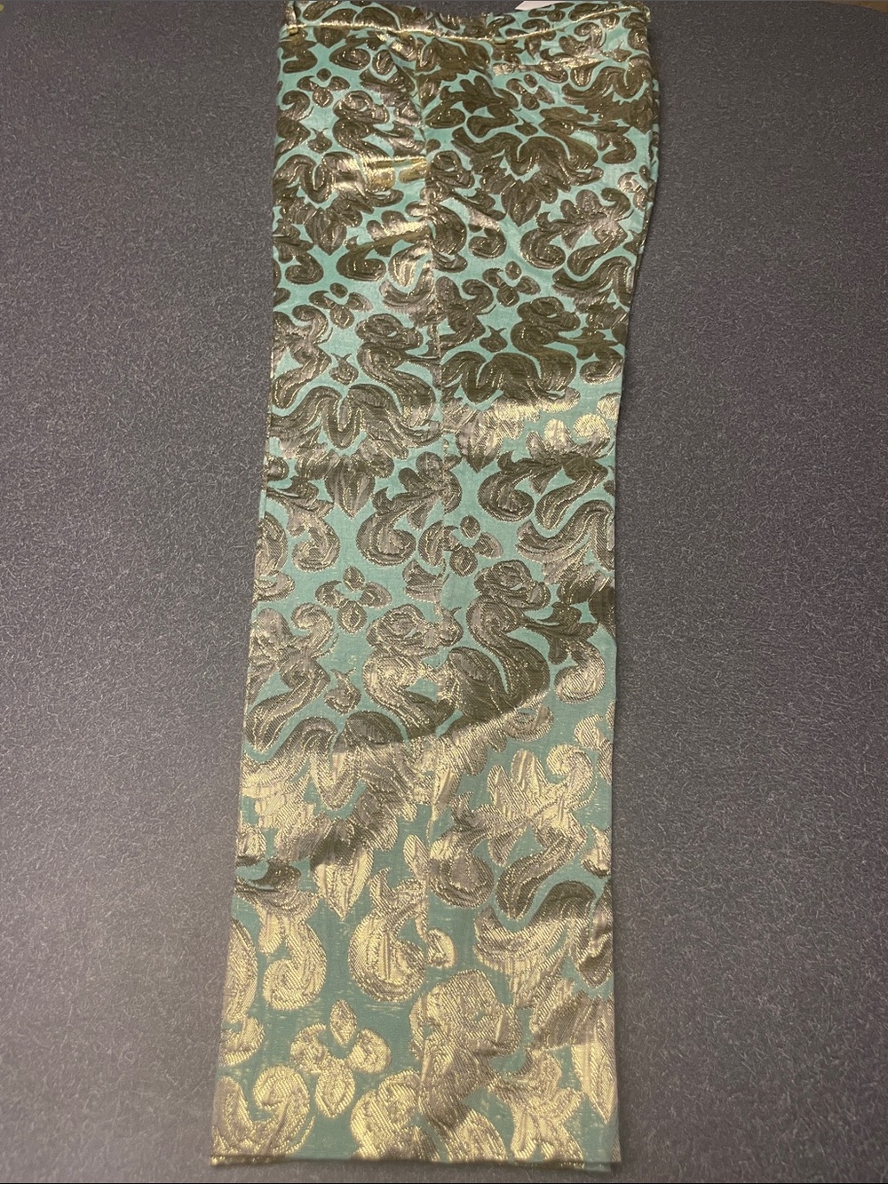 J Crew seafoam and Gold Brocade straight leg pants
